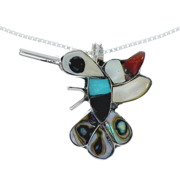 Hummingbird Multicolor Inlay Sterling Silver Box Chain Necklace Pendant Set TX10217